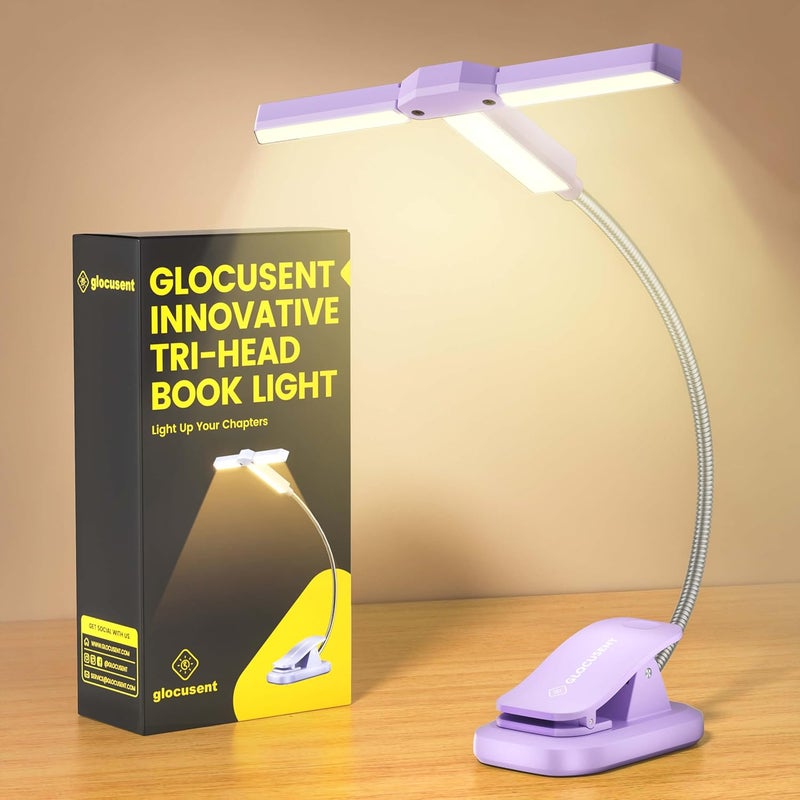 Glocusent Innovative Tri-Head Book Light for Reading in Bed, 3 Colors & 5 Brightness Levels, 1000mAh Rechargeable Reading Light with 30-Min Timer, 10-100Hrs, Partner Friendly, Perfect for Book Lovers - Image 1